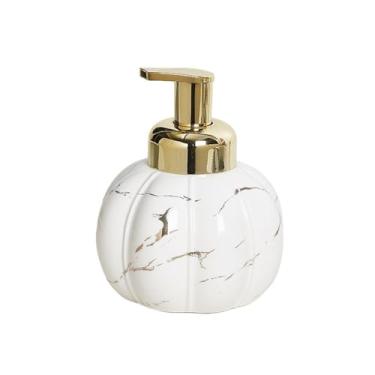 Imagem de Dispensador de sabão Dispensador de sabonete redondo para banheiro 460 ml/15,5 oz, em cerâmica, com bomba dourada e padrões mármore requintados(Branco)