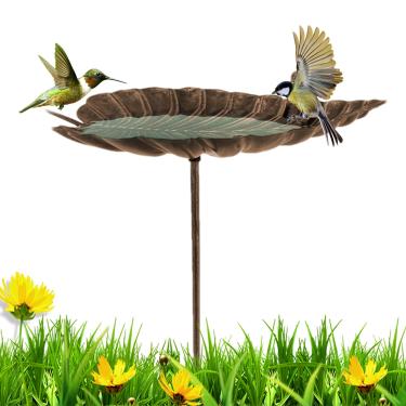 Imagem de Banho de pássaro de jardim - Banheira de pássaro de metal para fora - Varanda pátio em forma de folha decoração de estátua de ferro fundido alimentador de água para periquito, beija-flor