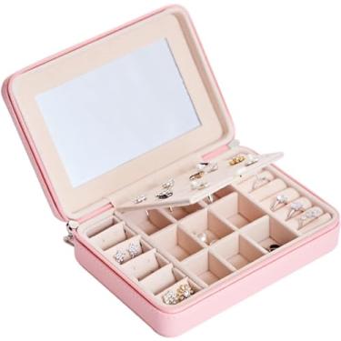 Imagem de BSNANCA Caixa de joias para mulheres caixa de joias portátil PU zíper brinco anel multifuncional com gancho de espelho organizador destacável divisor de joias organizador de joias portátil joias C