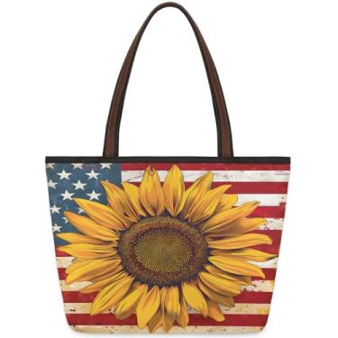 Imagem de Sacola grande para mulheres, flores, girassol, bandeira americana, bolsas de pano de trabalho com zíper, reutilizáveis, bolsas de mão de mercearia, casual, viagens, trabalho, férias, praia, compras