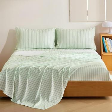 Imagem de MCO Jogo de lençol listrado de 4 peças, Queen respirável com bolso profundo de 41 cm, moderno e luxuoso, conjunto de cama de microfibra escovada (Queen, verde)