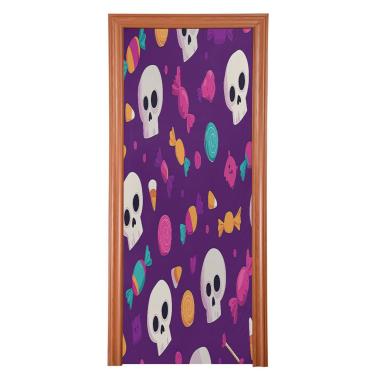 Imagem de Blueangle Capa de porta elástica com estampa de caveira e doces - Faixa de porta frontal de tecido elástico para Halloween, decoração de festa em casa ao ar livre (776)