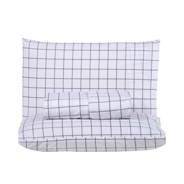 Imagem de Jogo de Lençol Queen Size Grid Percal 200 Fios – Estampa Grade Geométrica – 3 Peças (Lençol Elástico Altura 35cm + 2 Fronhas) – Toque Macio (Cinza Claro)