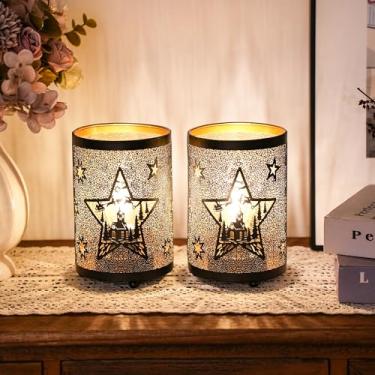 Imagem de TRIROCKS Conjunto de 2 candeeiros de mesa de metal, lanterna decorativa com design de estrela e castelo recortados para casa, sala de estar, jardim, quintal, festa, eventos, mesa, interior (preto)