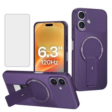 Imagem de Asuwish Capa de telefone para iPhone 17 6,3 polegadas capa de fibra de carbono magnética com protetor de tela de vidro temperado e suporte protetor fino acessórios para celular macio i Phone17 i17 17