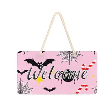 Imagem de Burbuja Placa de boas-vindas de teias de bengala doce de morcegos para porta da frente, placa de boas-vindas de PVC para decoração de férias, 15 x 28 cm