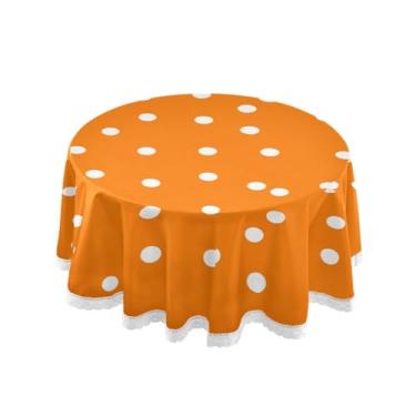 Imagem de Qilmy Toalha de mesa redonda de bolinhas brancas com fundo laranja 152 cm, resistente à água, à prova de derramamento, capa de mesa grande para jantar de reunião de família em ambientes internos e