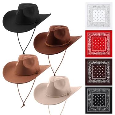 Imagem de Velmitten Chapéus de cowboy e bandanas femininas masculinas retrô chapéu de aba larga chapéu de vaqueira chapéu panamá com fivela de cinto, preto, cáqui, café, bege, tamanho �nico