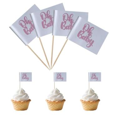 Imagem de TMHTMH 100 peças de topo de bolo rosa Oh Baby, mini palito de chá de bebê, bandeiras para crianças, meninos, meninas, festa de aniversário, decoração temática de bolo