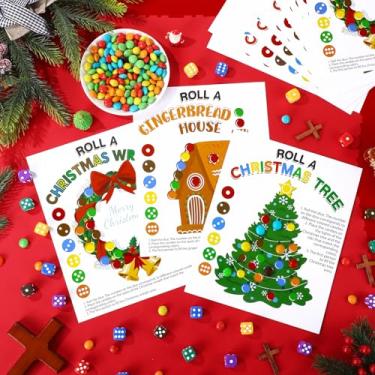 Imagem de Sotiff 30 Set Christmas Games for Family Party Roll a Christmas Tree Dice Game with 30 Tree Wreath House Cards 30 Rainbow Color Dices for Holiday Present Swap Xmas Party Supplies School Activities
