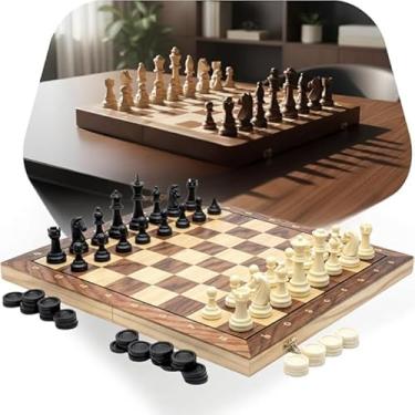 Imagem de Jogo de Xadrez 3 em 1 Magnético com Dama e Gamão, Peças em Resina de Alto Impacto, 29x29cm, Estilo Estojo Clássico Profissional Luxo, Tabuleiro Portátil Organizado Premium.