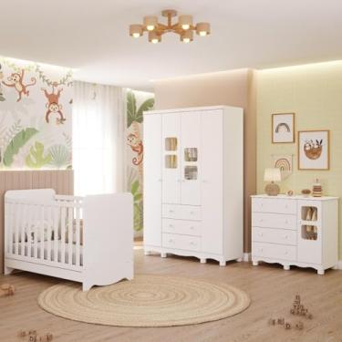 Imagem de Quarto de Bebê Completo Berço Americano Ben 3 Em 1 Guarda Roupa 4 Portas 3 Gavetas e Cômoda Uli 4 Gavetas 1 Porta Móveis Peroba Branco Brilho