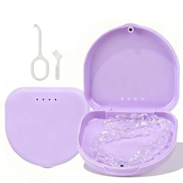 Imagem de Capa retentora, compatível com Invisalign, estojo alinhador fino com orifícios de ventilação, estojo ortodôntico portátil com ferramenta de remoção, escova e cordão, roxo