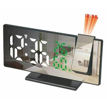 Imagem de Relógio de Mesa Espelhado com Projetor, Despertador, Display de Temperatura e Alarme, Conexão USB, Cor Preta – Ideal para Quarto e Escritório (Com Temperatura Branco)