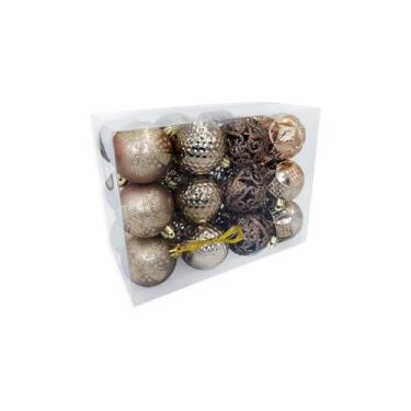 Imagem de Kit Bolas Natalinas para Decoração de Árvores, Bronze, 24 Peças, 6cm de Diâmetro, Plástico, com Glitter e Efeito Espelhado