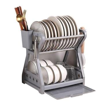 Imagem de Escorredor de pratos duplo multifuncional, suporte para armazenamento de cozinha(Cinza)