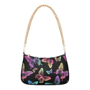 Imagem de TSENQUE Bolsa de ombro feminina verde limão tropical retrô formal bolsa clutch moderna, Borboleta arco-íris preta