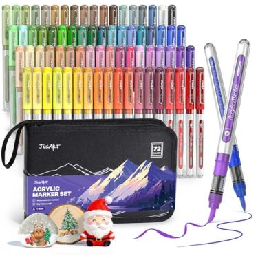 Imagem de JusArt Marcadores de tinta acrílica de 72 cores com bolsa de lona, canetas de tinta à base de água sem vazamento com controle automático de tinta, marcadores de ponta de pincel à prova d'água para