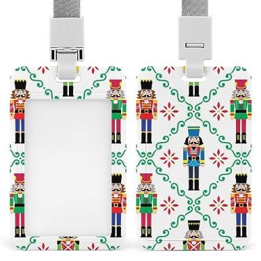 Imagem de Estatuetas coloridas de soldado de Natal sem costura em porta-crachá de identificação branco com cordão, suporte de cartão de plástico com clipe de pressão removível para estudante, professor