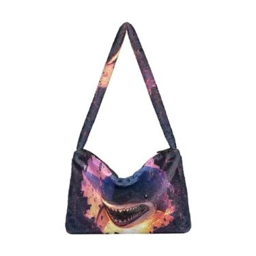 Imagem de Bolsa de ombro feminina com textura de pele de cobra marrom branca, bolsa feminina de pelúcia, bolsas de outono, Fierce Shark Behind Broken Black Wall, One Size
