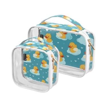 Imagem de GAIGEO Bolsa cosmética de PVC Dragonfly in Turquoise Guirlanda, bolsa de higiene para carro, bolsas de beleza para viagens femininas, pacote com 2, Nuvens de patos verdes azuis, one size