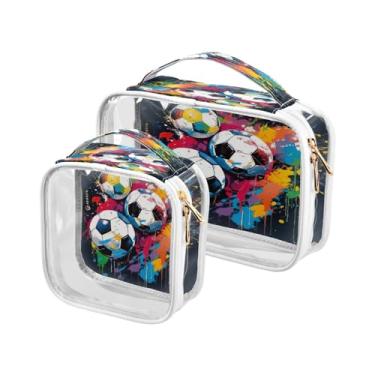 Imagem de GAIGEO Bolsa de cosméticos à prova d'água de Natal com estrelas e árvores, bolsas de maquiagem para viagens, bolsas de maquiagem para mulheres, pacote com 2, Bolas de futebol coloridas em Splattered-3