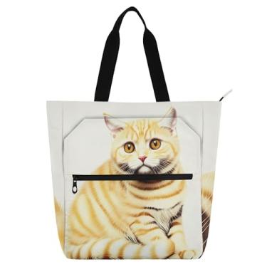 Imagem de Linda bolsa de mão amarela gato malhado branca para mulheres trabalho lona praia livro bolsa zíper todos os dias amantes de livros presentes