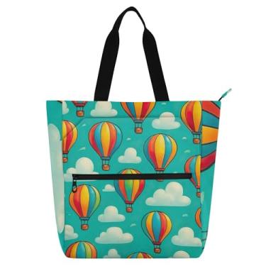 Imagem de GAIGEO Sacola feminina colorida com balões de ar quente azul-petróleo para trabalho, lona, escola, com zíper, presente reutilizável para amantes de livros