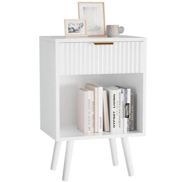 Imagem de YMYNY Conjunto de 2 mesas de cabeceira modernas de meados do século, mesa lateral com gaveta canelada, prateleira aberta, alça dourada, pernas de madeira maciça, mesa de cabeceira, para quarto, sala