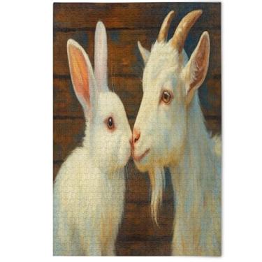 Imagem de Quebra-cabeça 1000 peças adultos desenho animado coelho cabra família branco amantes presentes presentes homens criativo pintura animal fofo, 1000 peças, 75 x 50 cm