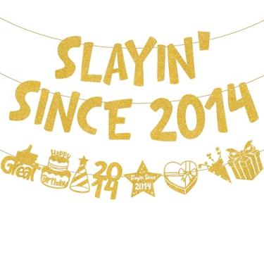 Imagem de Faixa dourada de decoração de aniversário de 11 anos - Slayin' Since 2014 11 Bday and Anniversary Banners Conjunto de decoração para meninos e meninas, guirlanda pendurada com glitter, suprimentos de