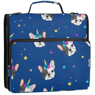 Imagem de Lindo organizador de fichário de unicórnios franceses com zíper, 3 fichários de 3 anéis, bolsa para guardar anéis com alça para escola, vários bolsos, pasta grande, 34,5 x 31,5 x 9 cm