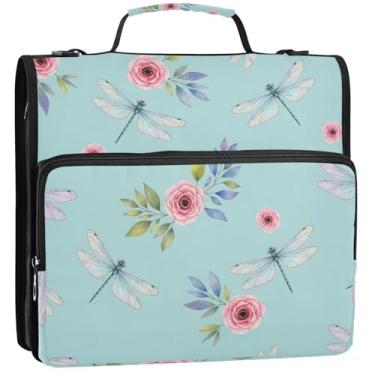 Imagem de Fichários de 3 anéis de flores de libélulas com 3 anéis de 3,8 cm com zíper, fichário organizador com alça para escola secundária impressão, vários bolsos, pasta grande para portfólio, 34,5 x 31,5 x 9