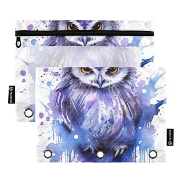 Imagem de Linda bolsa de lápis para fichário com 3 anéis, aquarela coruja violeta, zíper, fichário, caneta, fichário escolar, bolsos transparentes, armazenamento de 25 x 18 cm, 2 pacotes