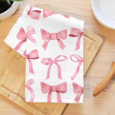 Imagem de Coquette Toalhas de cozinha com laço rosa, laço preppy decorativo absorvente pano de prato de microfibra toalha de chá, toalhas de mão macias waffle para casa de fazenda decoração de banheiro 3