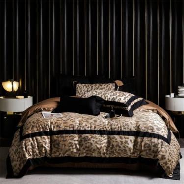 Imagem de Conjunto de cama Leopard Jacquard em algodão macio e sedoso com capa de edredom, lençol de baixo e lençol de elástico (1 unidade).