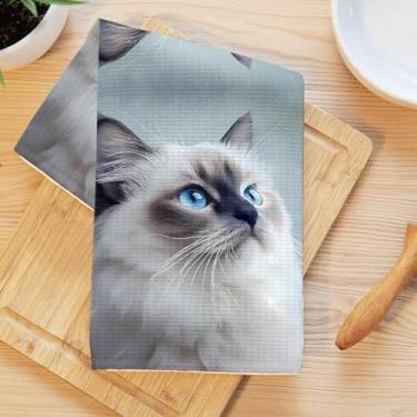 Imagem de Toalhas de cozinha de gato fofo, pano de prato de microfibra absorvente decorativo de gatinho caprichoso, toalhas de mão macias de waffle para decoração de casa de banho, presentes para amantes de
