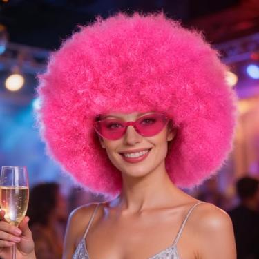 Imagem de Touca de cabelo + óculos de sol feminino rosa peruca afro rosa engraçado louco festa perucas para adultos mulheres perucas loucas curtas coloridas Rocker Afro perucas coloridas carnaval festa de