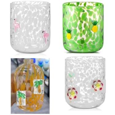 Imagem de JarThenaAMCS Copo de suco de ícone de verão, 4 peças, copo de vinho, flamingo, abacaxi, coqueiro, hibisco, sem haste, copos de coquetel para lembrancinhas tropicais havaianas de festa na praia