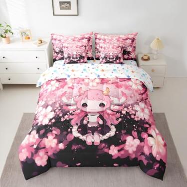 Imagem de Feelyou Conjunto de edredom fofo de axolote com lençol Queen, com personagens de anime, 7 peças, para decoração de quarto de crianças, flores de cerejeira e adolescentes, 7 peças