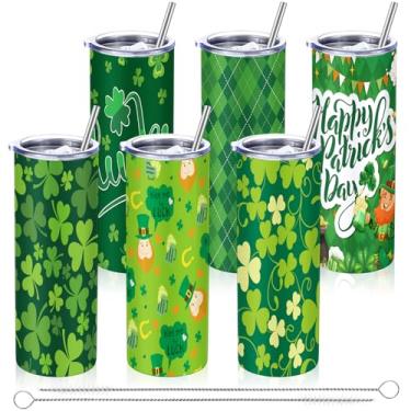 Imagem de Singhoow Pacote com 6 copos St. Patrick Day com tampa e canudo, copo verde de trevos irlandeses de 590 ml, copos de café isolados a vácuo de aço inoxidável para lembrancinhas de festa, presentes de