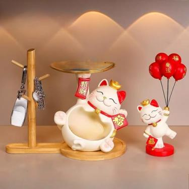Imagem de FENNYYAR 3 peças rack de armazenamento chinês Maneki Neko bandeja de armazenamento e gato balão da sorte, 29 cm 29 cm, estátua de decoração de casa gato da sorte