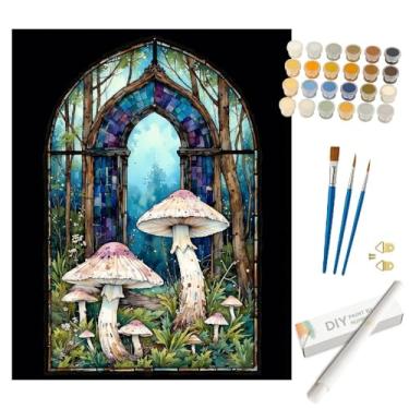 Imagem de Kit Fantasy Paint by Numbers para adultos – DIY cogumelos na floresta com pintura de vitral enrolada em tela 40,6 x 50,8 cm, conjunto de tinta acrílica, adequado para iniciantes, arte para casa ou