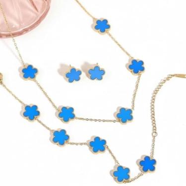 Imagem de CONJUNTO DE TRÊS PEÇAS DE COLAR, PULSEIRA E BRINCOS DE TREVO DE QUATRO FOLHAS (AZUL CLARO) PARA TODAS AS OCASIÕES PRESENTE PARA IRMÃS, AMIGAS, NAMORADA PRESENTE PARA MÃE