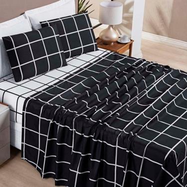 Imagem de Jogo De Lençol Minimalista Queen 4 Peças Percal 200 Fios Quadriculado - Preto - 100% Poliéster