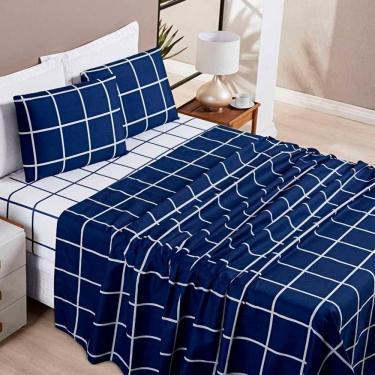 Imagem de Jogo De Lençol Minimalista Queen 4 Peças Percal 200 Fios Quadriculado-Azul Marinho - 100% Poliéster