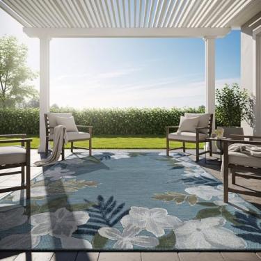 Imagem de Tapete para ambientes externos, 20 x 25 cm, lavável, tapetes para ambientes internos e externos, borda aqua, floral, sem queda, impermeável, fácil de limpar, terraço, varanda, sala de estar, quarto