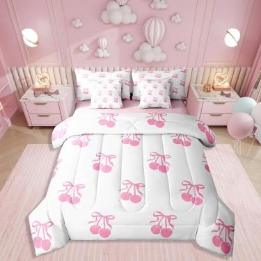Imagem de Erosebridal Conjunto de edredom infantil de 7 peças com laço rosa em uma bolsa, estilo princesa sonhadora, para meninas, mulheres, namorada, conjunto de lençol com laço de cereja e estampa geométrica