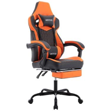 Imagem de Cadeira Gamer Reclinável e Giratória com Apoio para os Pés e Cabeça, WOTSTA , Preta e Laranja