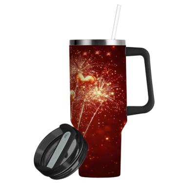 Imagem de ATTX Copo de fogos de artifício dos namorados de 850 g com alça, copo de aço inoxidável a vácuo de parede dupla com palha, caneca de café de viagem isolada #531
